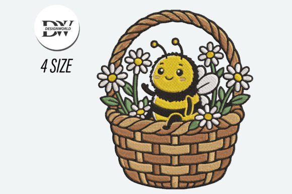 Cute Bee Basket with Daisies Embroidery