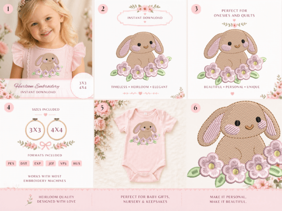 Cute Bunny Floral Embroidery Design