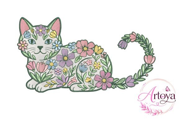 Floral Cat Embroidery Design